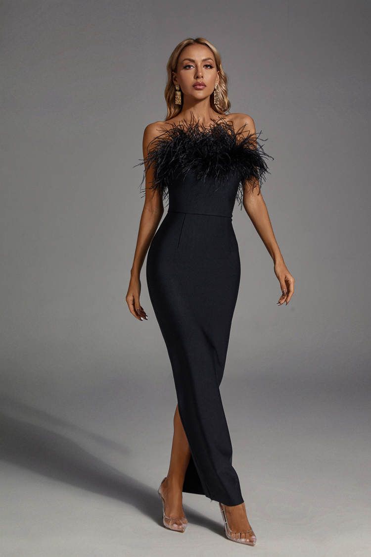 Naomi Black Feather Tassel Maxi Dress