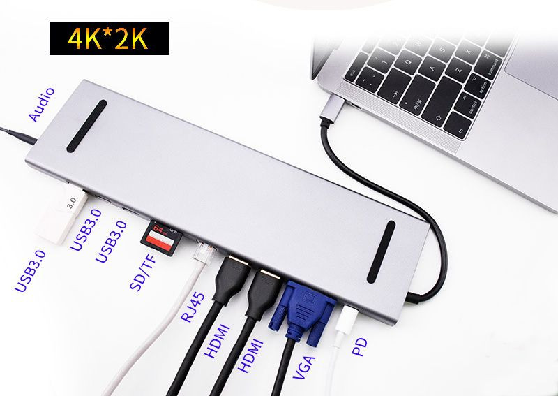 USB C Docking Station 11 in 1 3USB 3.0 2HDMI VGA TF SD RJ45 Audio USB-C