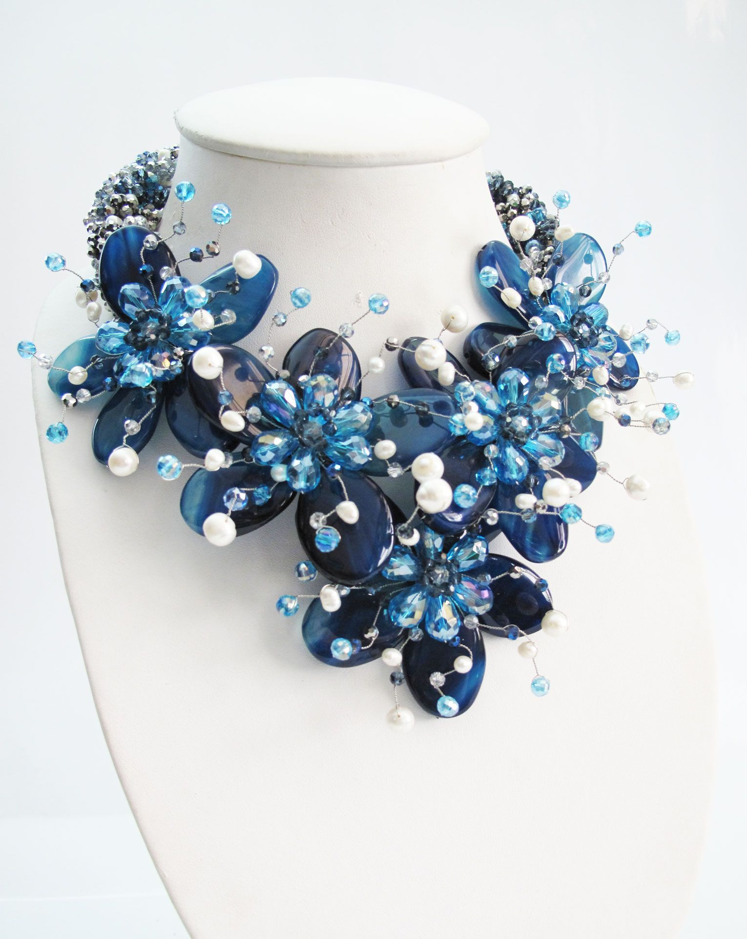 Blue Agate floral and White pearl mix stones necklace and earring set collar style