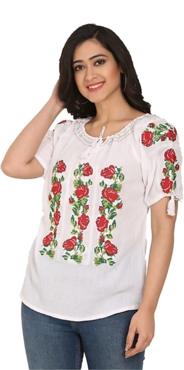 Embroidered cotton ann denim tops
