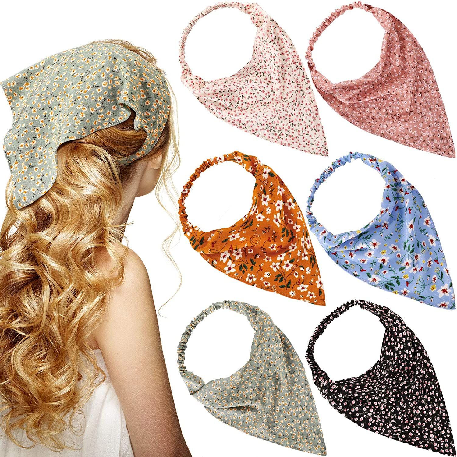 Floral Elastic Hair Bandanas Scarf Headband Chiffon Head Kerchief Turban Boho Headbands with Hair Clips for Women