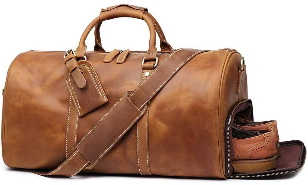 Leather Vintage Travel Unique Luggage Bag Mens Duffle Retro Handbag 22 Inches(Brown)