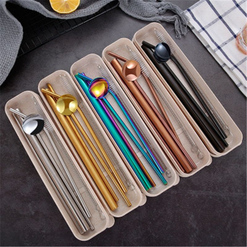 304 stainless steel drinking straws , eco-friendly reusable metal stirrer spoon straw set