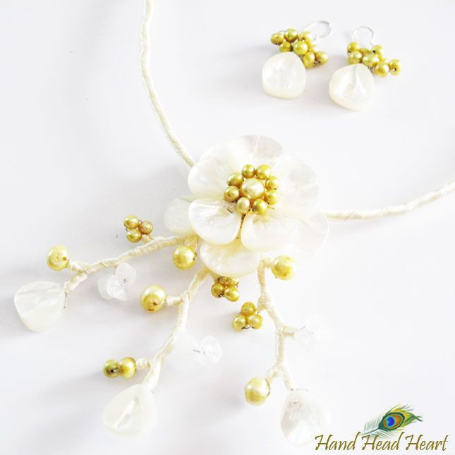 Shell and Pearl Gemstone Flower Necklace with Earrings Set Handmade  PN6 pearl