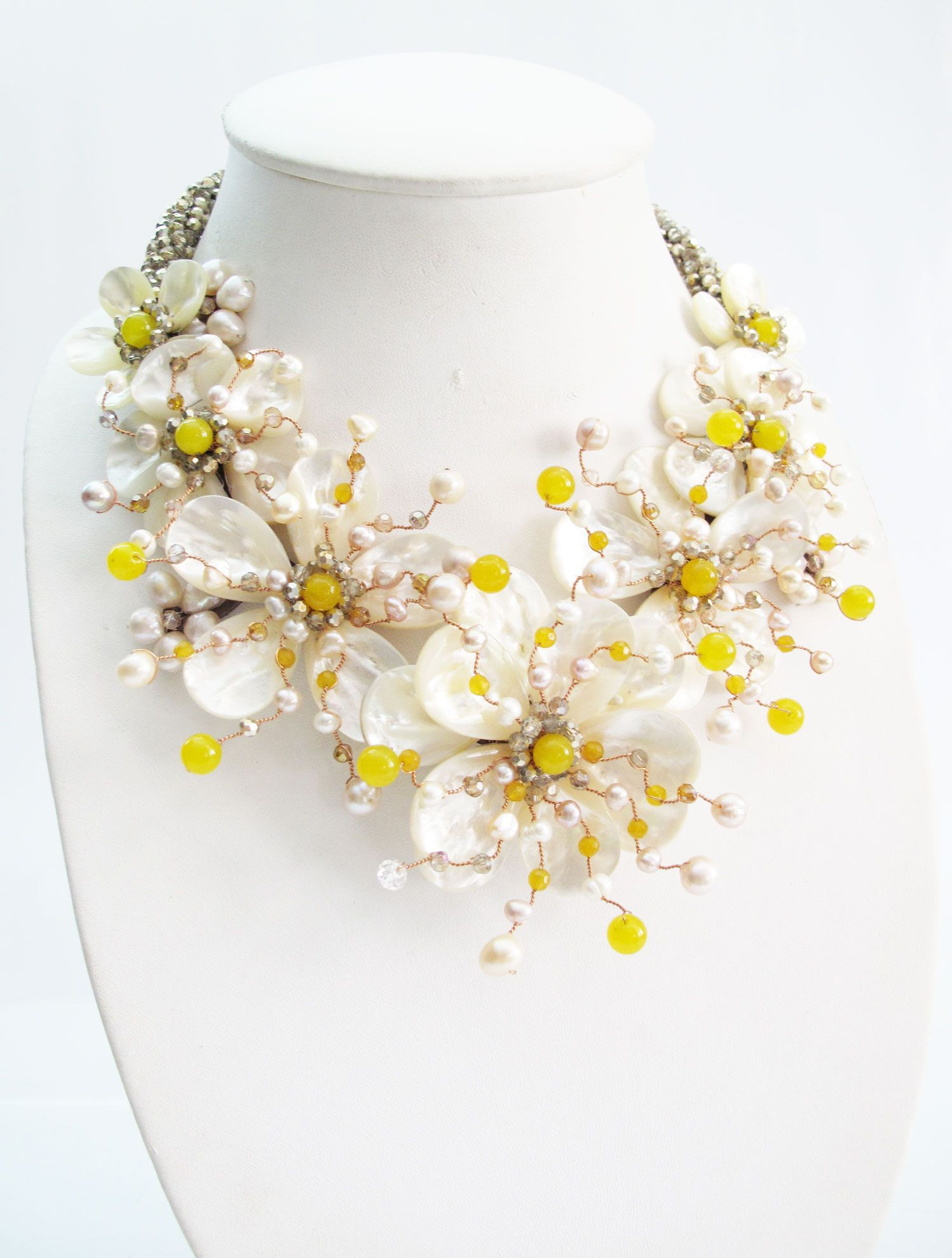 White shell floral and Yellow agate mix stones necklace and earring set collar style