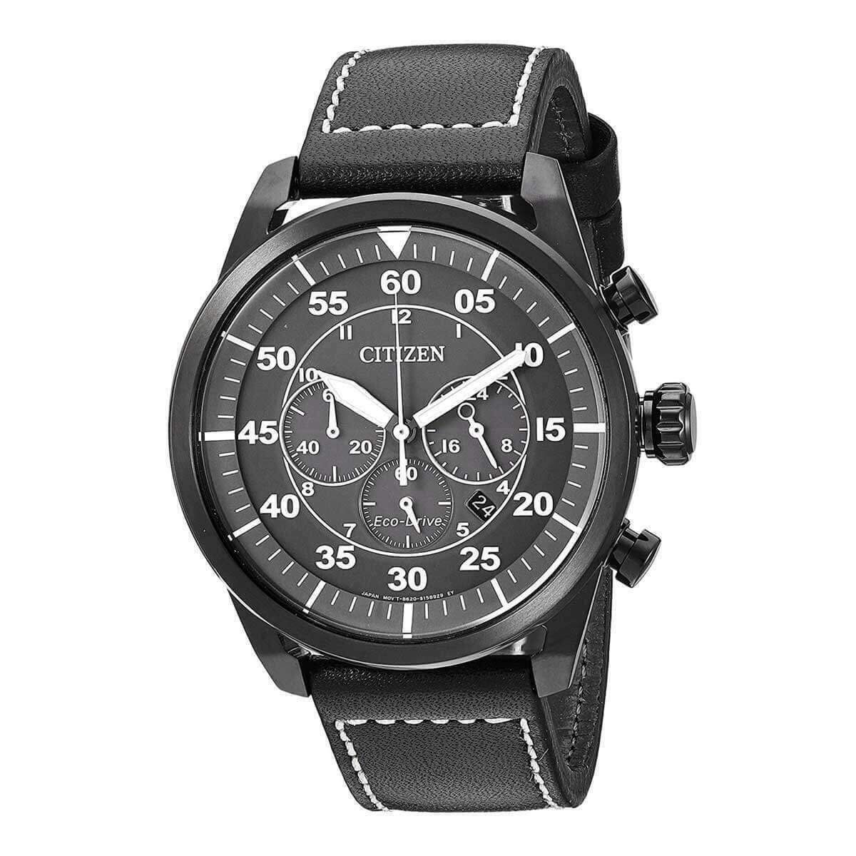 Citizen Men's Watch Avion Chronograph Grey Dial Black Leather Strap CA4215-21H
