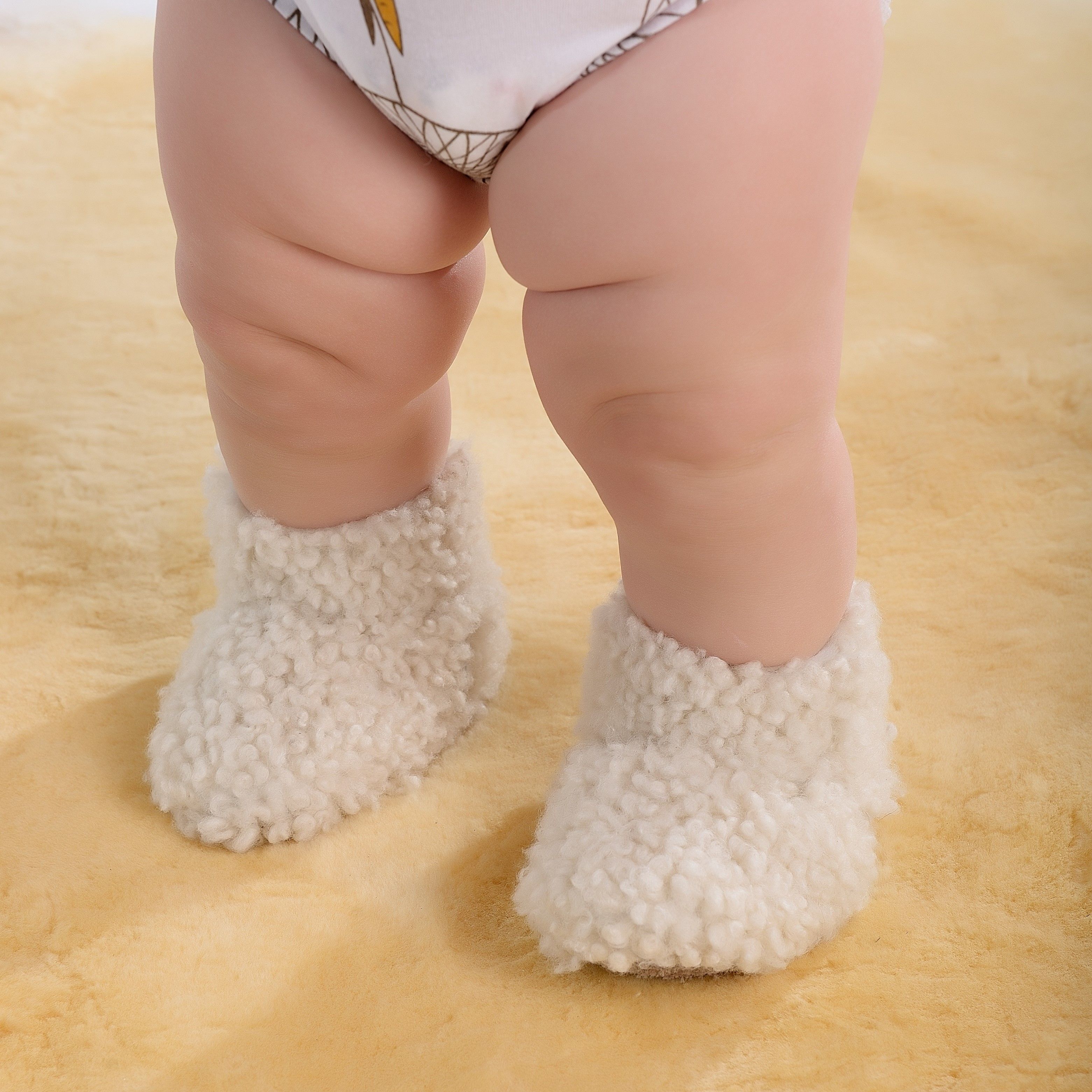 100 Percent Pure Sheepskin White Babies Booties, From Real Wool, Rubber-Resistant To Abrasion, Every Season
