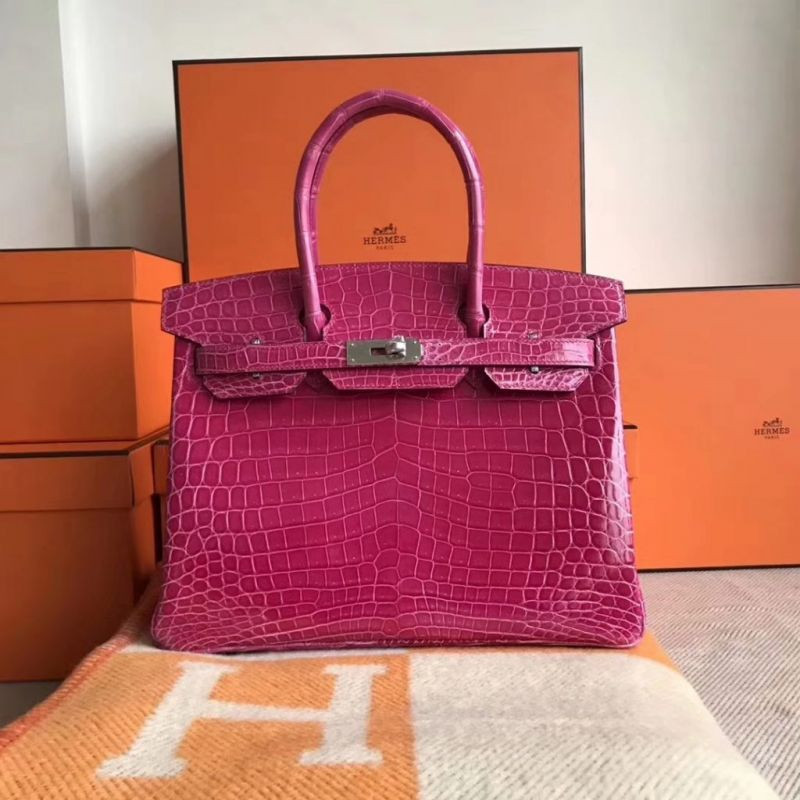 HERMES ROSE SHINY CROCODILE SKIN BAGS